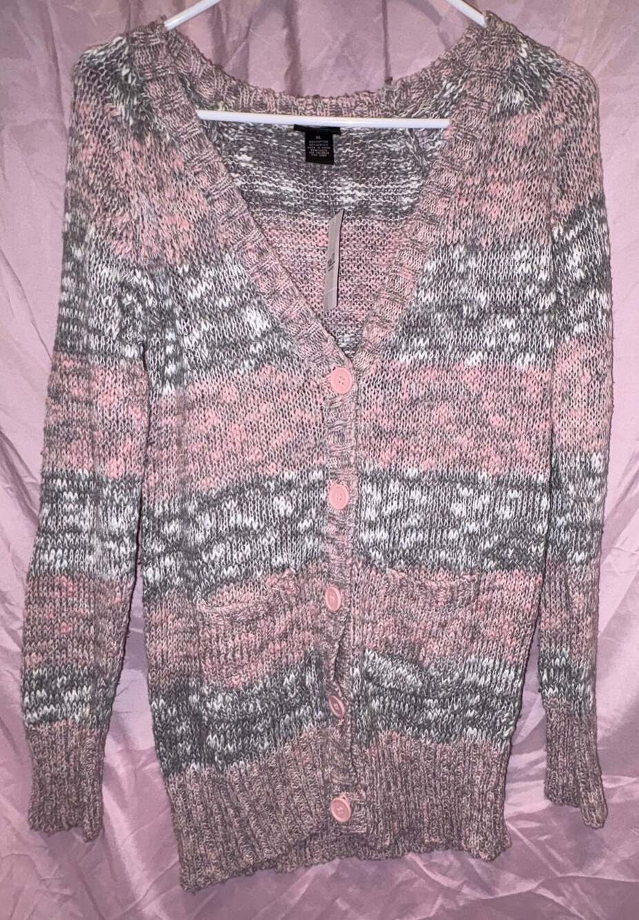 rue21 Pink Grey White Marled Knit Button Front Cardigan Sweater with Pockets XL